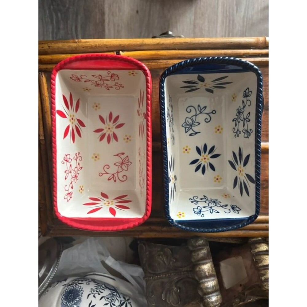 Temp-tations by Tara Mini Loaf Pans Set: Red & Blue Classic Stoneware Baking Dis
